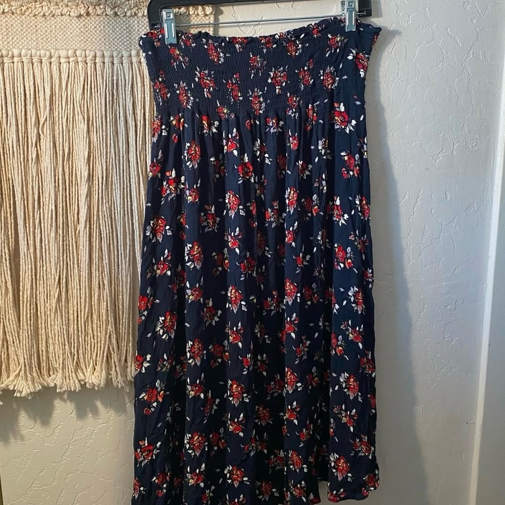 Target Floral Blue and Red A-line Midi Skirt Pleated Casual